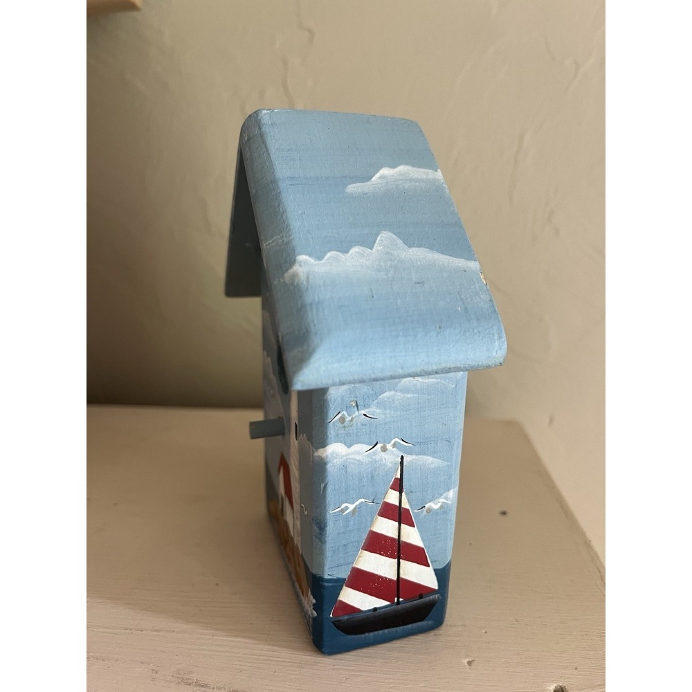 Lighthouse Painted Birdhouse Wood Figure Coastal Nautical Shelf Sitter Decor 5" - Picture 5 of 13
